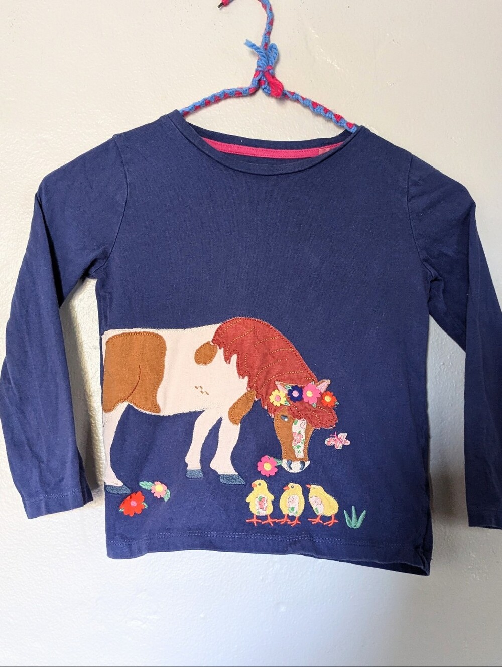 Mini Boden Girls Blue Horse Applique Long Sleeve Shirt Size 5-6Y Floral Pony Top